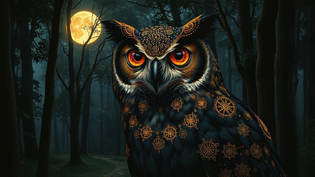 Melancholic Owl Portrait in Art Nouveau Style