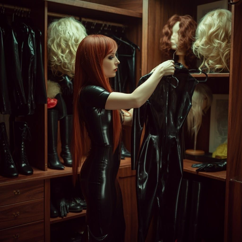 Woman Choosing Latex Catsuit in Hyperrealistic Style