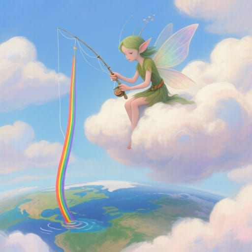 Fairy Angler Fishing Rainbow Threads from Clouds