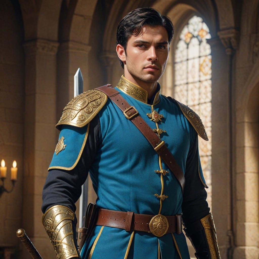 Medieval Palace Guard in Regal Blue Uniform with Gold Accent...
