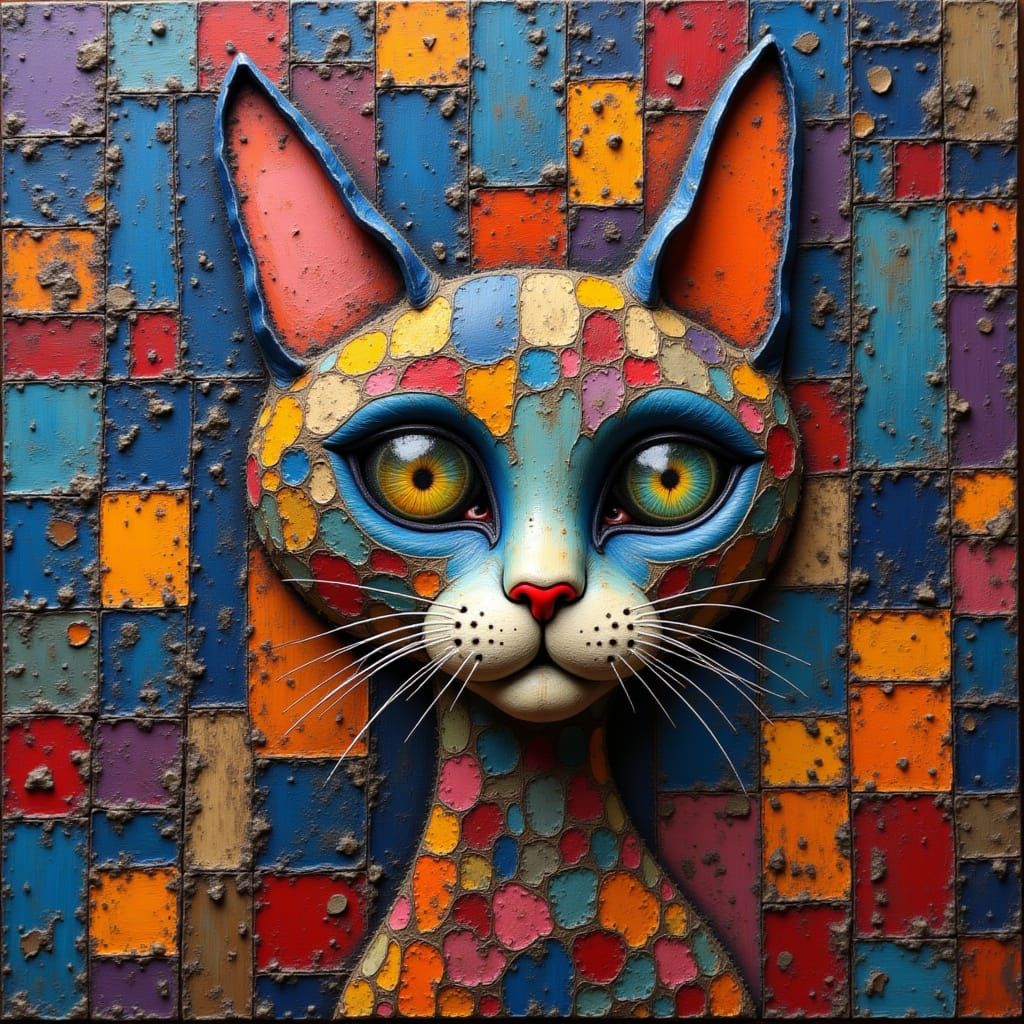 Whimsical Patchwork Cat Art