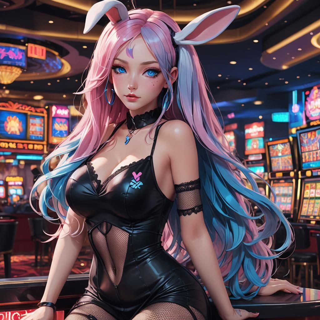 Anime Playboy Bunny in Casino with Neon Lights