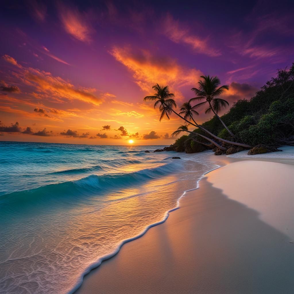Caribbean Sunset with Turquoise Water: Hyperrealistic Digita...
