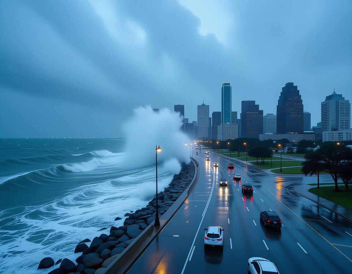 Eerie Blue-Gray Sky Over Coastal City During Flood