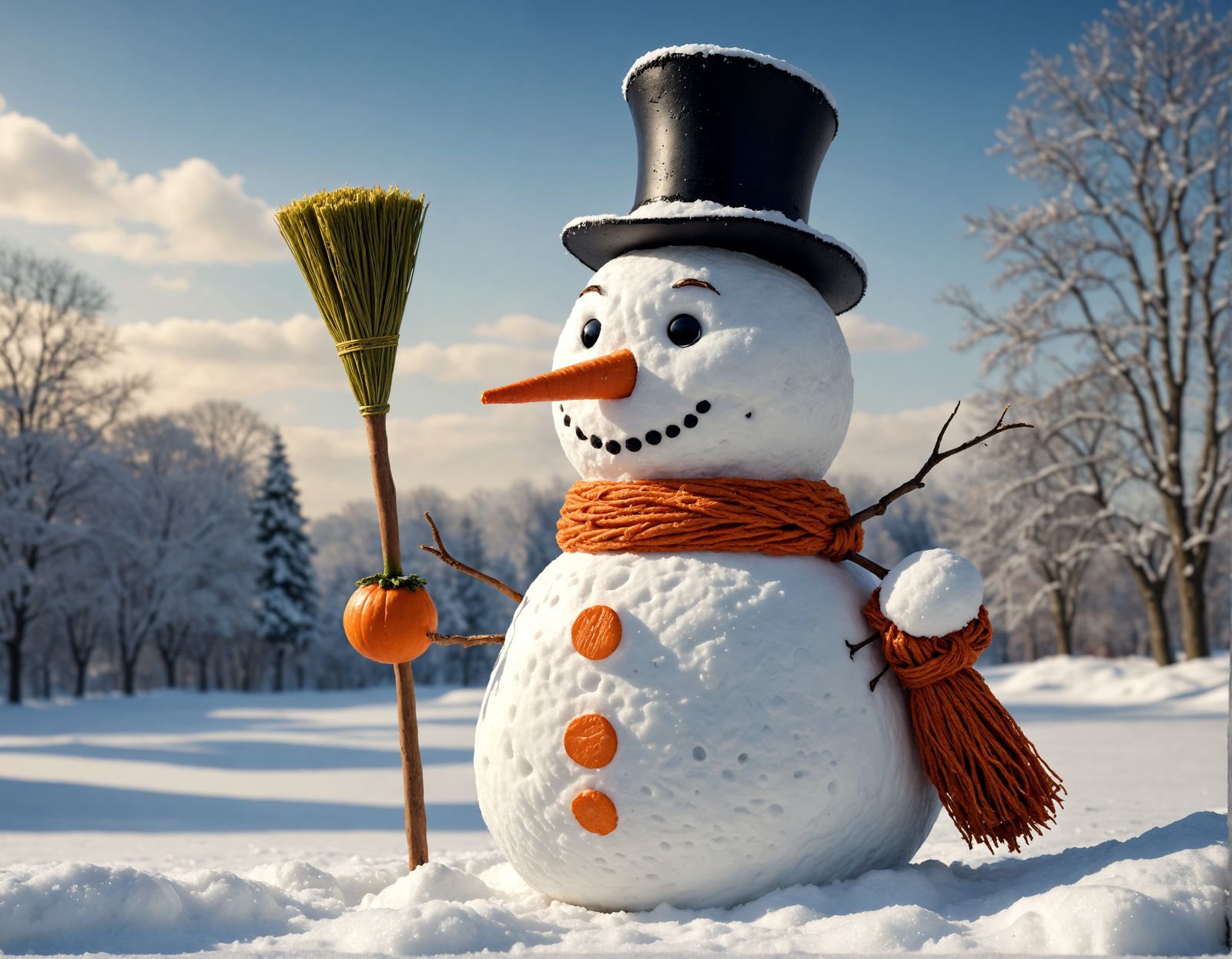 Hyperrealistic Snowman with Broom and Carrot Nose