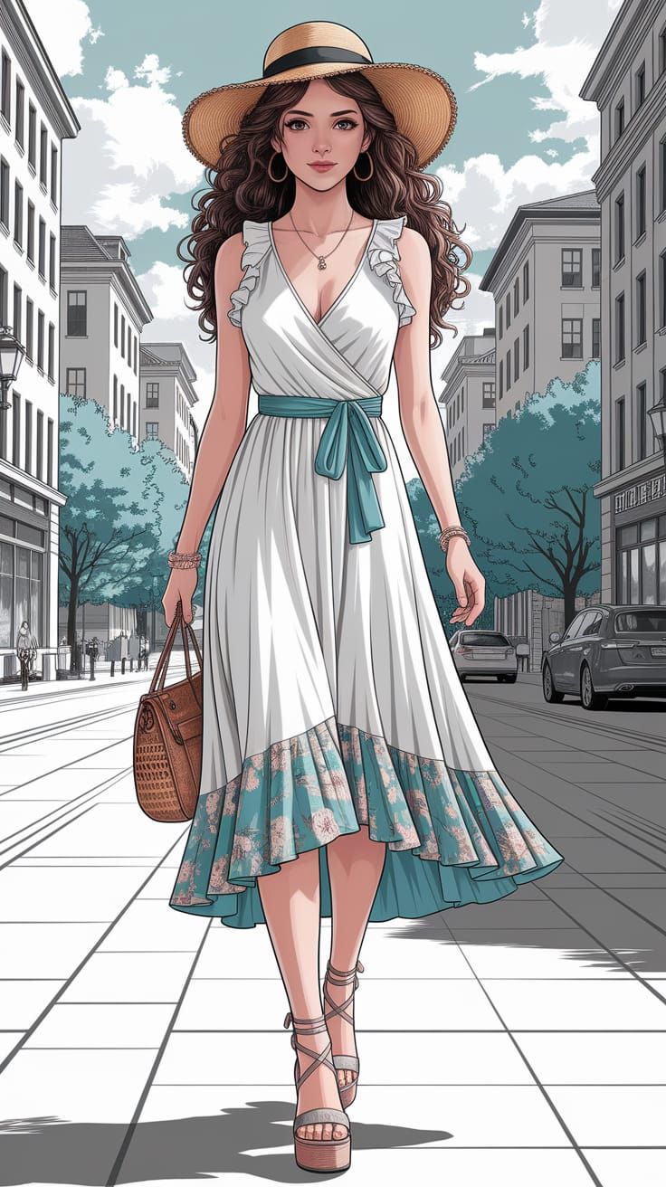 Bohemian Summer Dress Fashion Sketch in Anime Style
