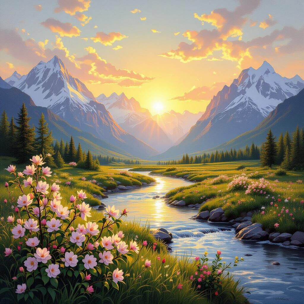 Sunrise Over Mountains and Rivers, Symbolizing Divine Creati...