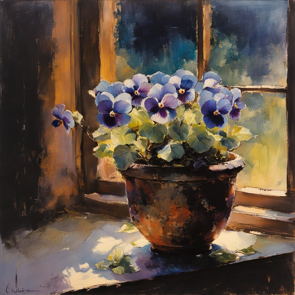 Horned violets in an old flowerpot