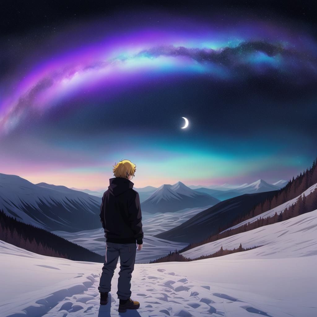 Anime Man Observes Black Hole Under Moon