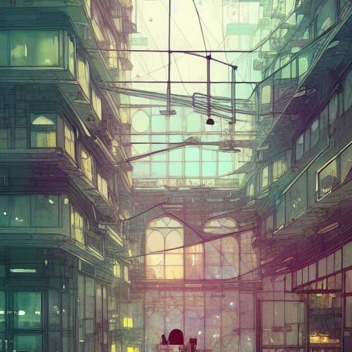 Nanopunk Alchemist Kitchen: Anime Watercolor Architecture