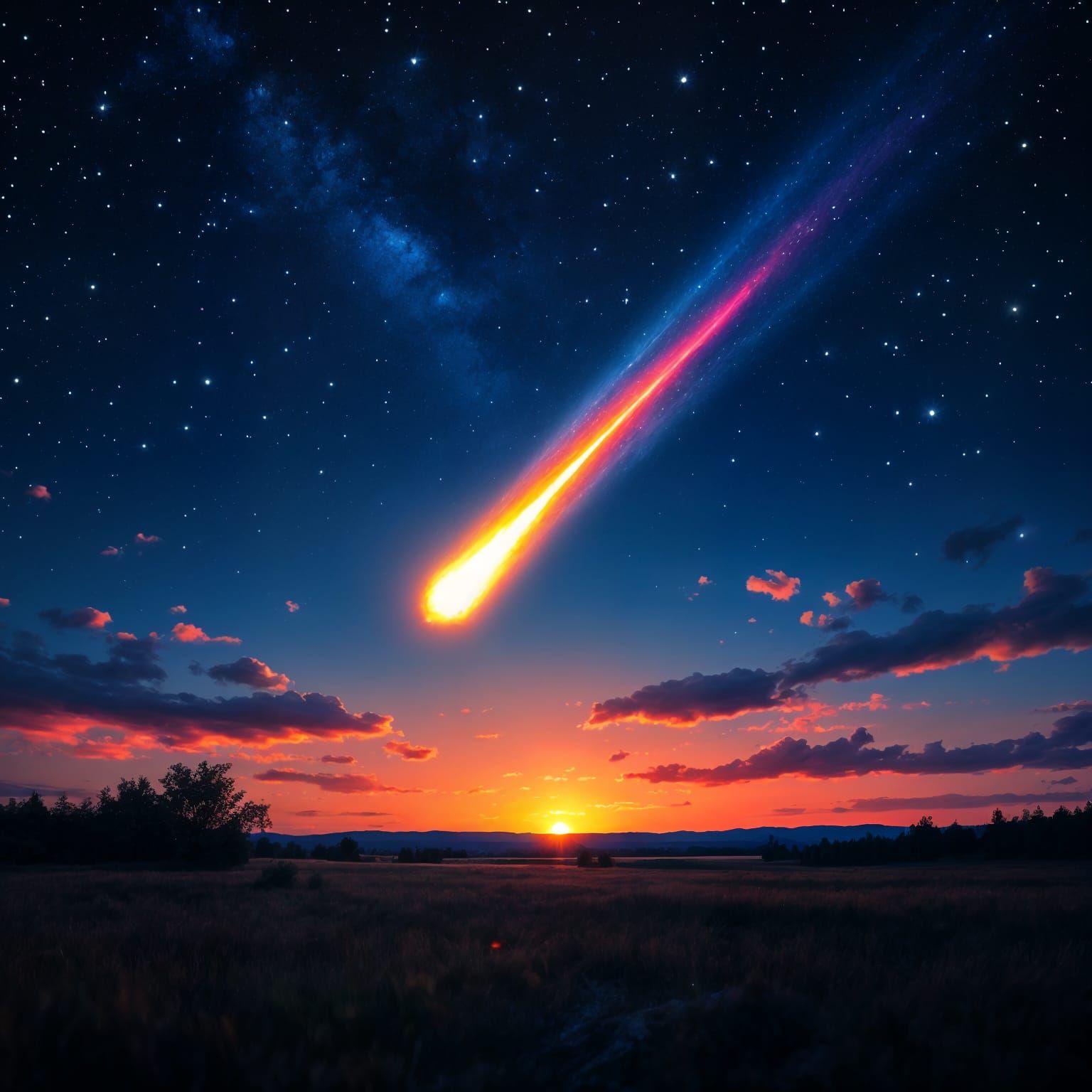 Meteor Streaks Across Starry Sky: Hyperrealistic Night Scene