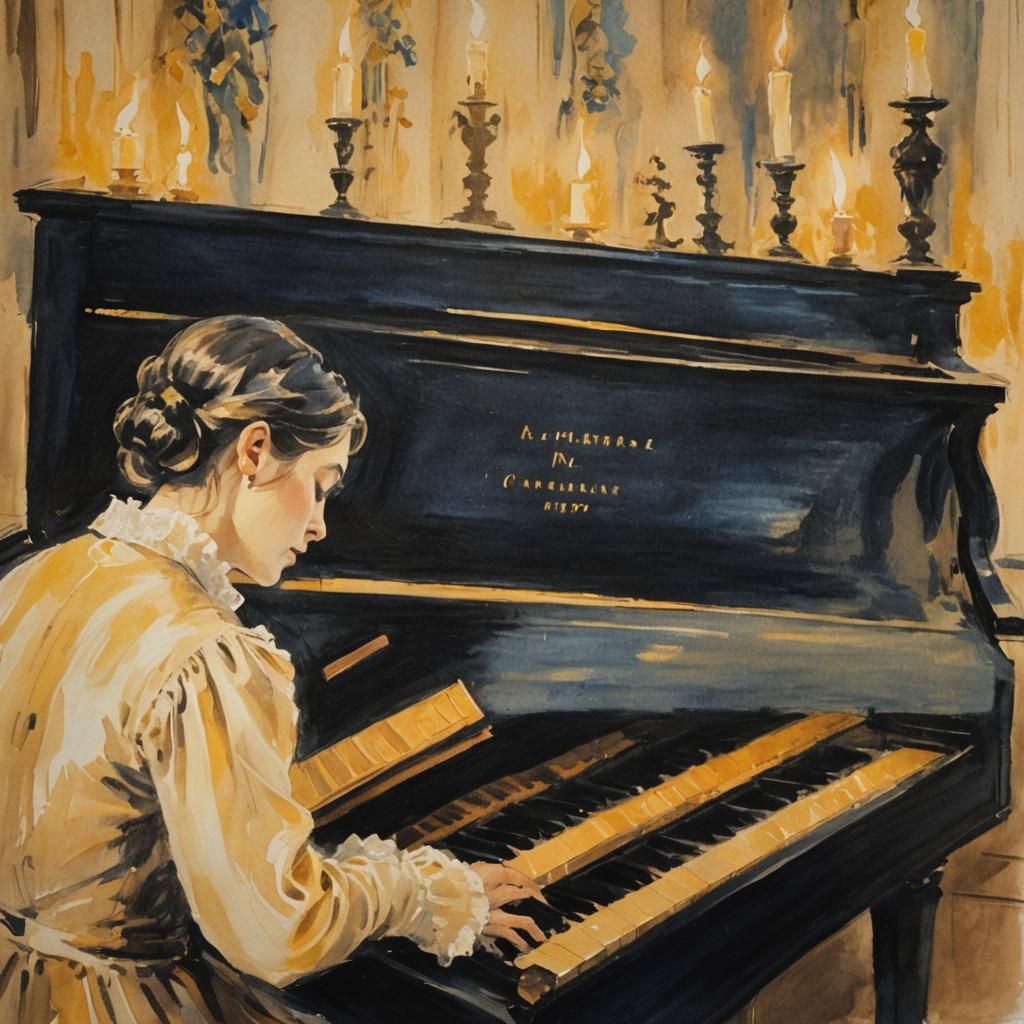 Woman at Piano in Opera House: Romantic Impressionism