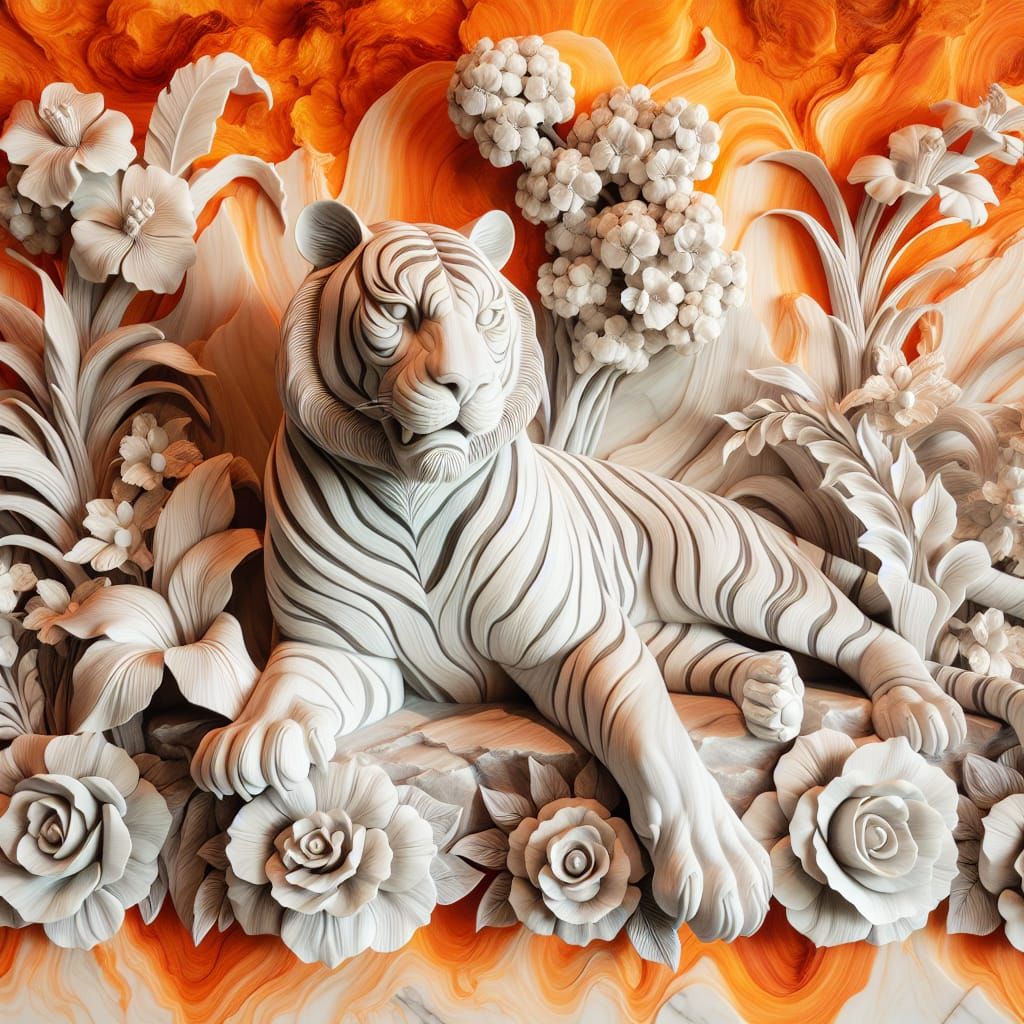 Alabaster Tiger Surrounded by Flowers, Impasto Background
