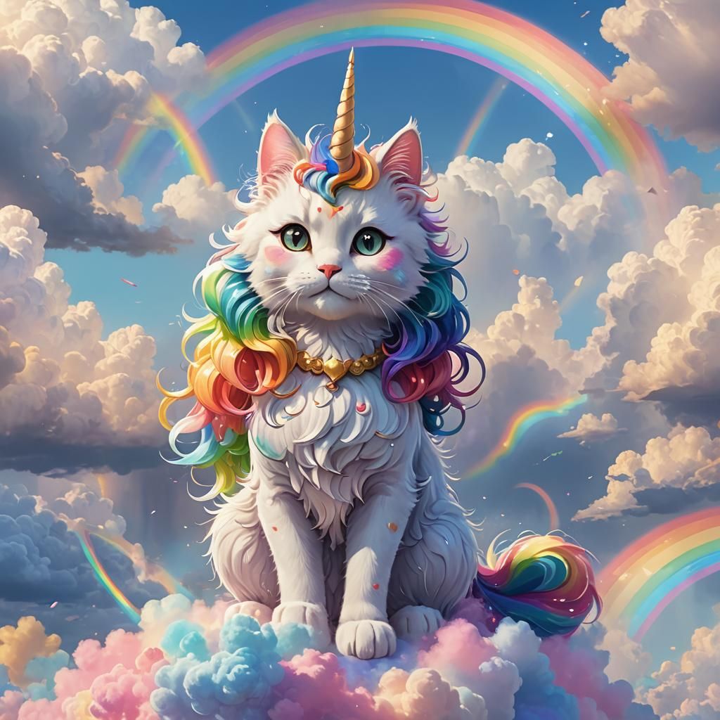 Kitty Cat Unicorn Surrounded by Rainbows in Anime Style