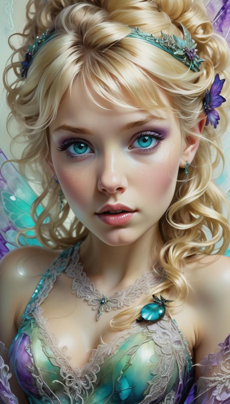 Hyperrealistic Tinkerbell Portrait in Alcohol Ink Style