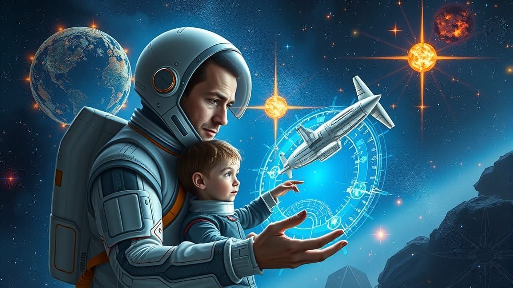 Father and Child Explore Cosmos in Steampunk Spaceship
