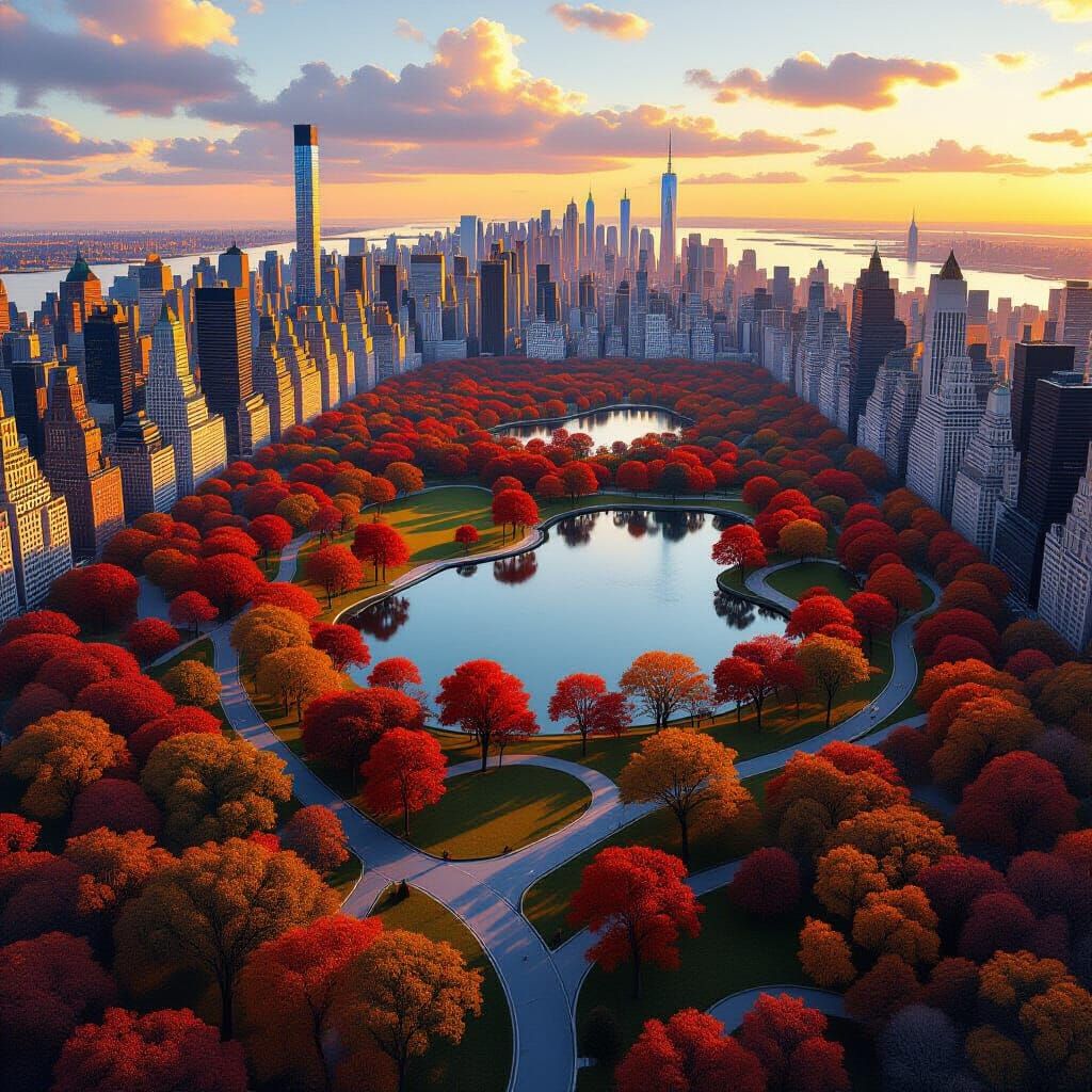 Aerial View of Central Park in Autumn, Hyper-Realistic Style