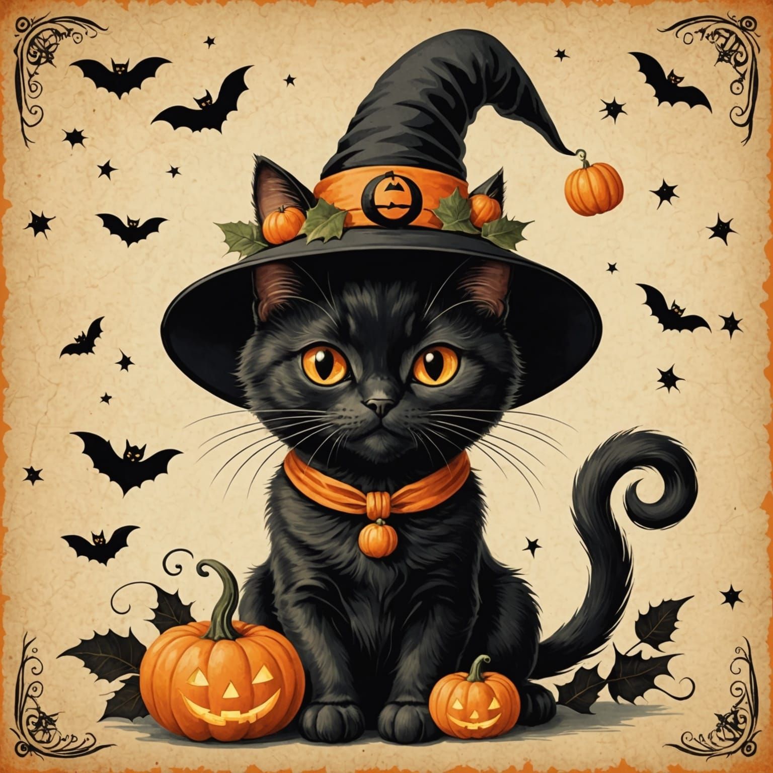 Vintage Halloween Black Cat with Jack O'Lanterns