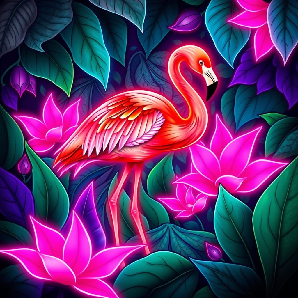 Art Nouveau Flamingo in Vibrant Neon Hues