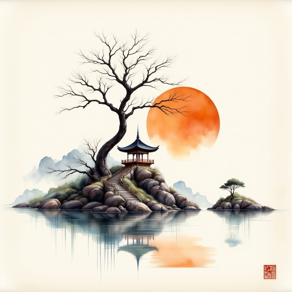 Elegant East Asian-Inspired Watercolor Scene with Pagoda and...