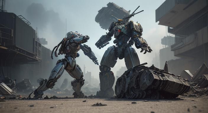 2 mechs fighting, scrapyard