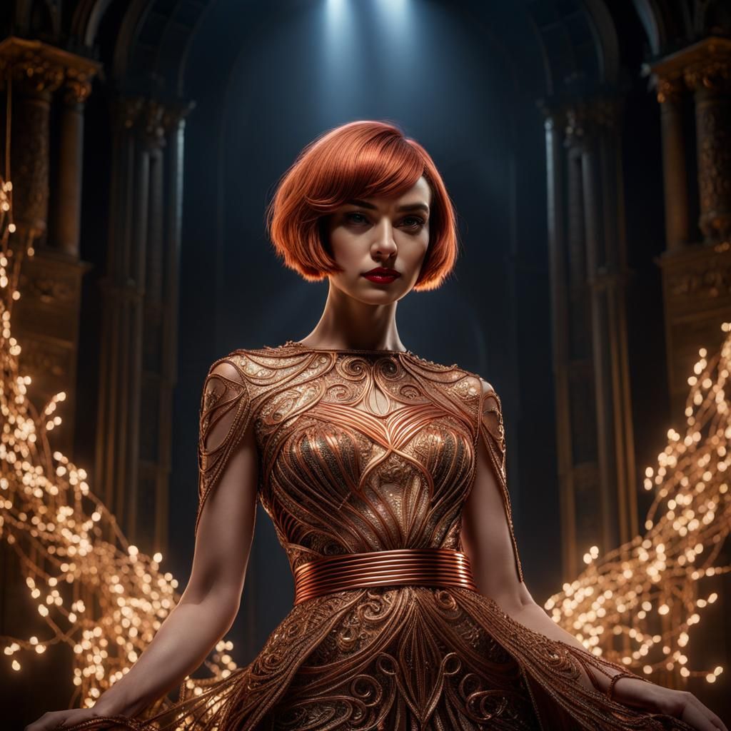 Copper Wire Woman in Ornate Gown, Hyperrealistic Render
