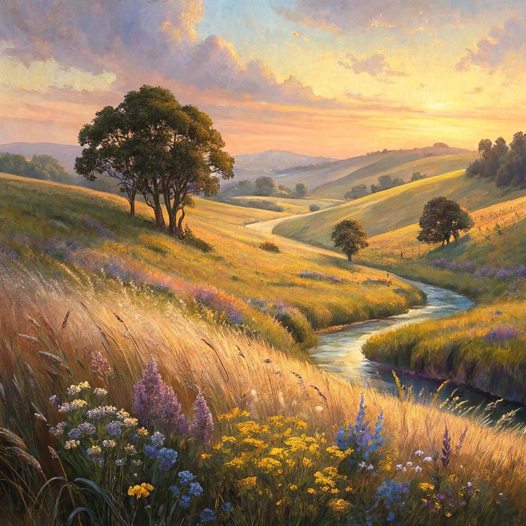 A tranquil countryside landscape during golden hour, featuring rolling hills covered in soft grass and scattered wildflo...