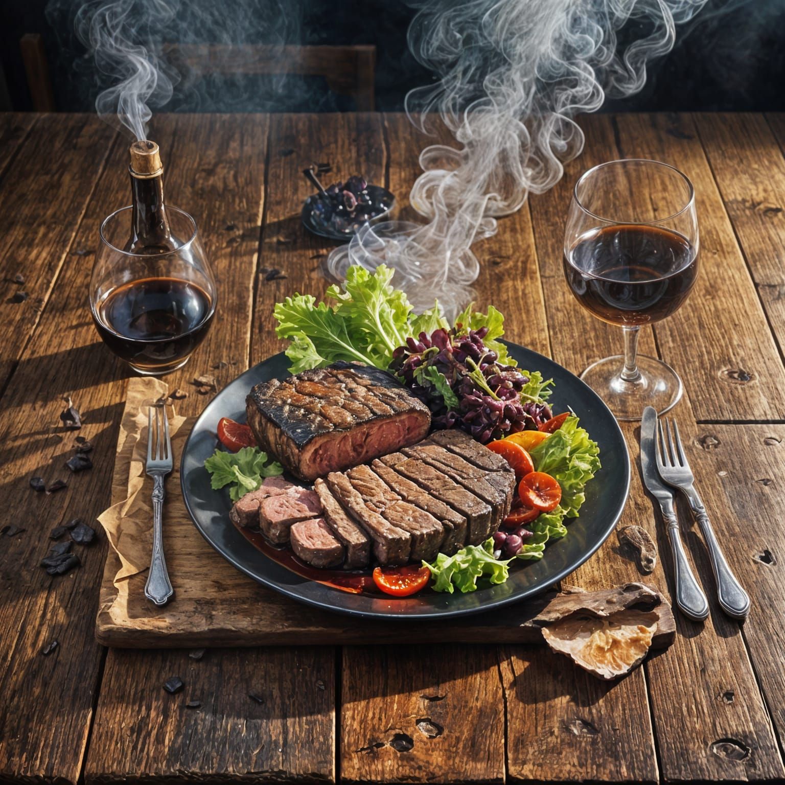 Exquisite Steak with Wine: Detailed Matte Painting