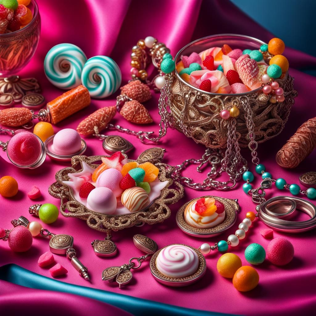 Tropical Jewelry Still Life with Sweets and Makeup