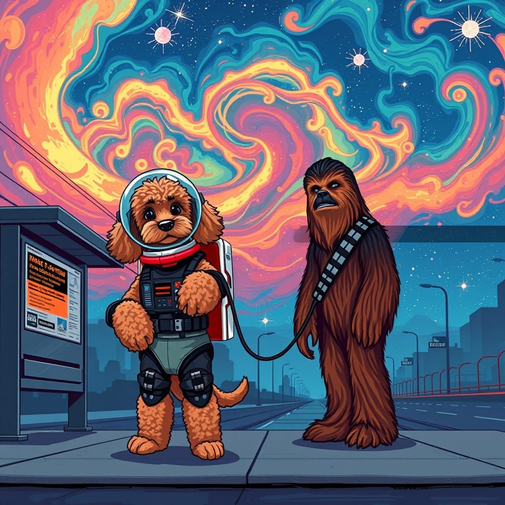 Mischievous Poodle and Wookiee at Bus Stop