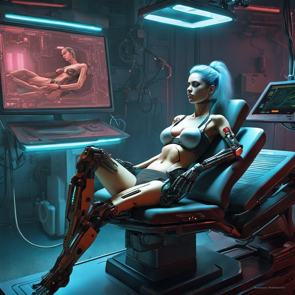 Cyberpunk Woman Undergoing Cybernetic Transformation