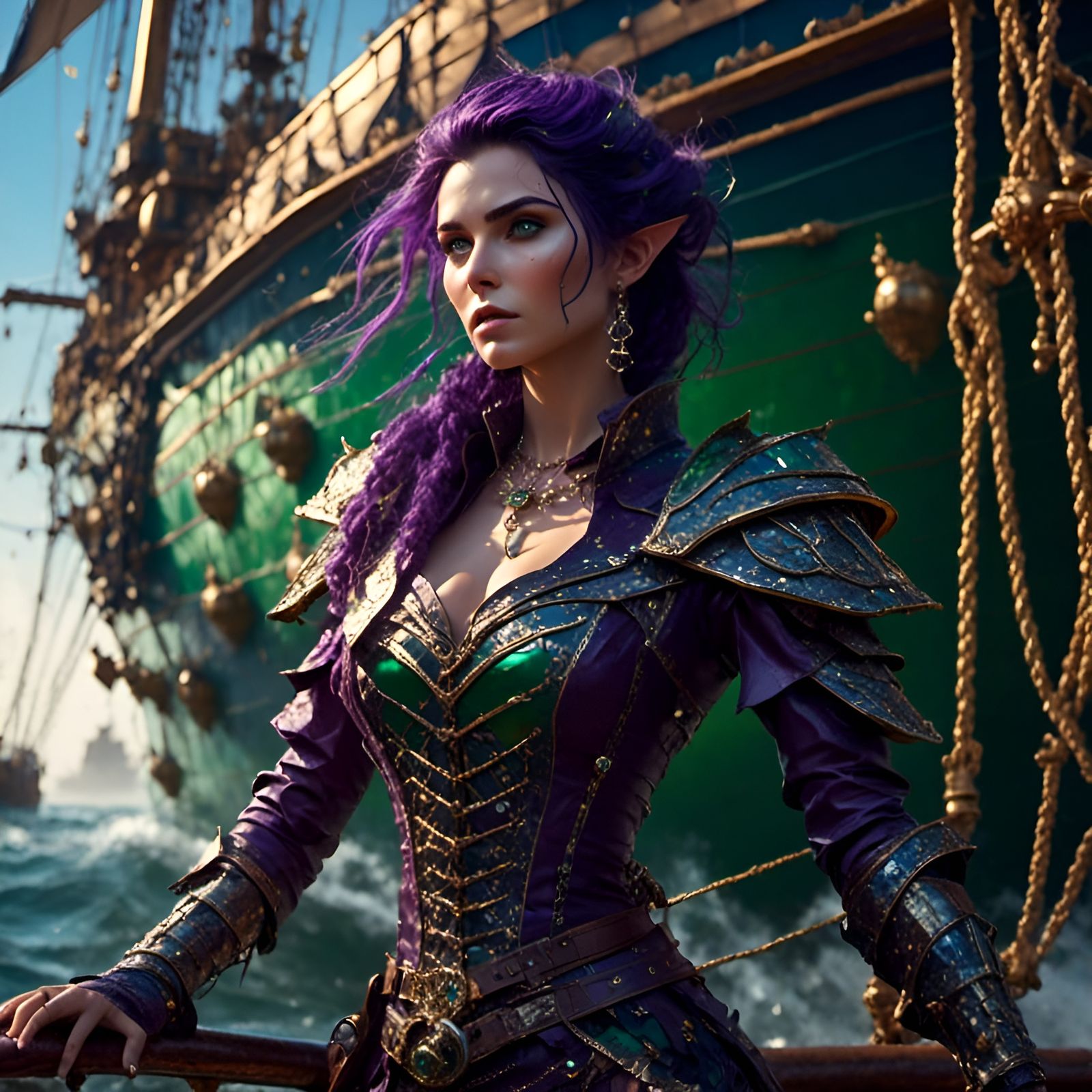 Half-Elf Warlock on Sailing Ship, Fantasy Art