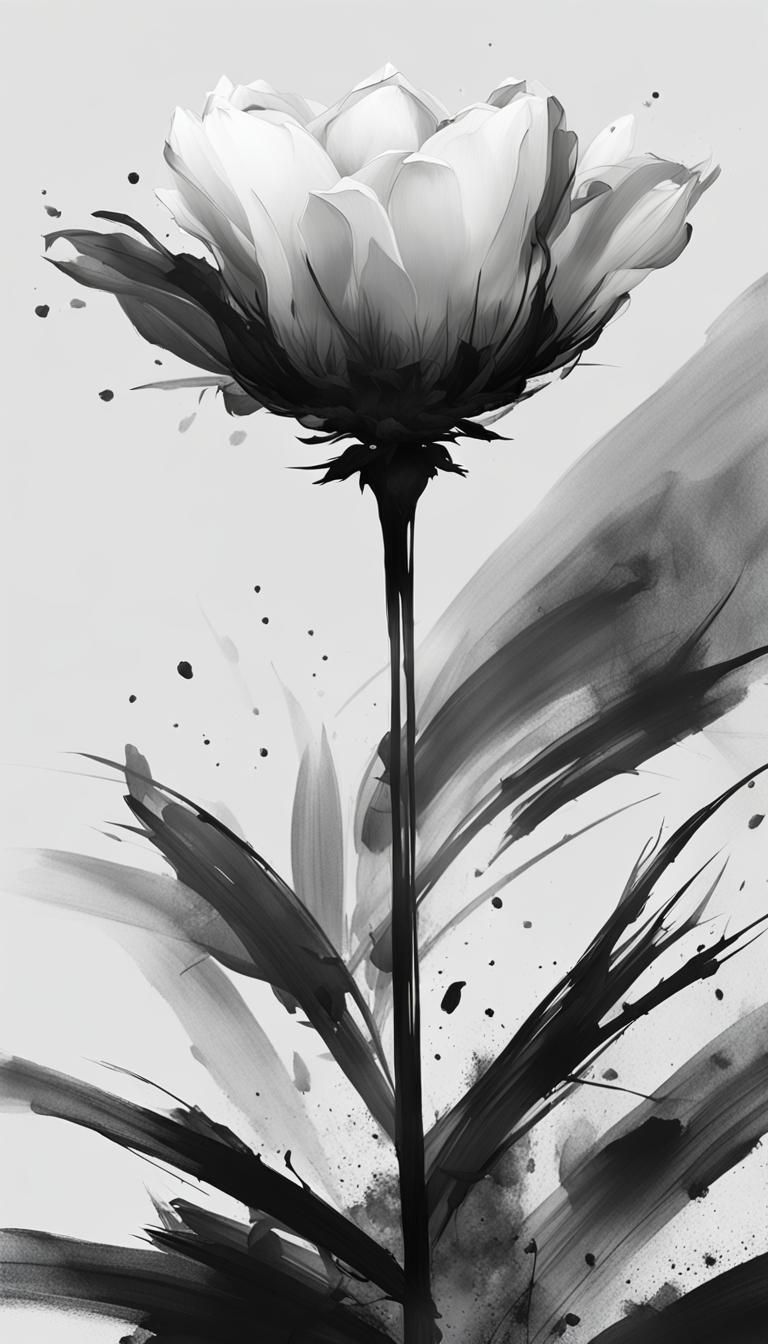 Monochrome Flower in Sumi-e Style Ink Painting