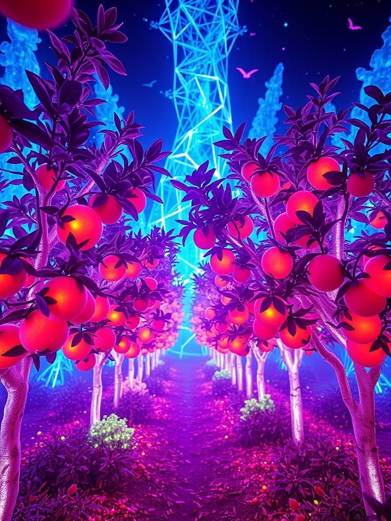 Luminescent Fruit Trees in a Neon Landscape