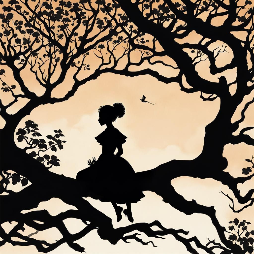 Silhouetted Girl in Tree, Atmospheric Illustration