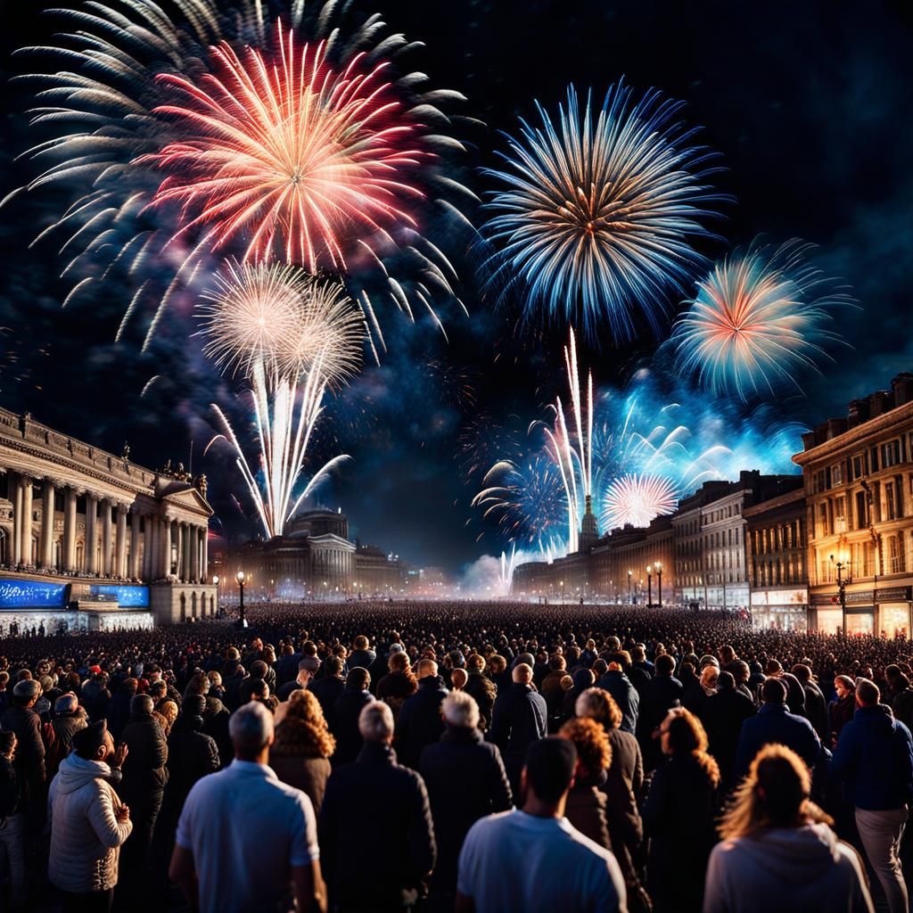 New Year's Eve Fireworks Display in Hyperrealism