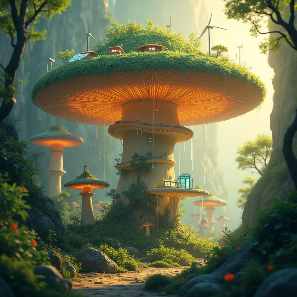 Surreal Solarpunk Village Under Glowing Mushroom Cap