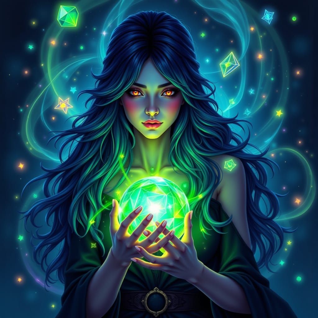 Blue-Haired Wizard with Glowing Crystal Ball