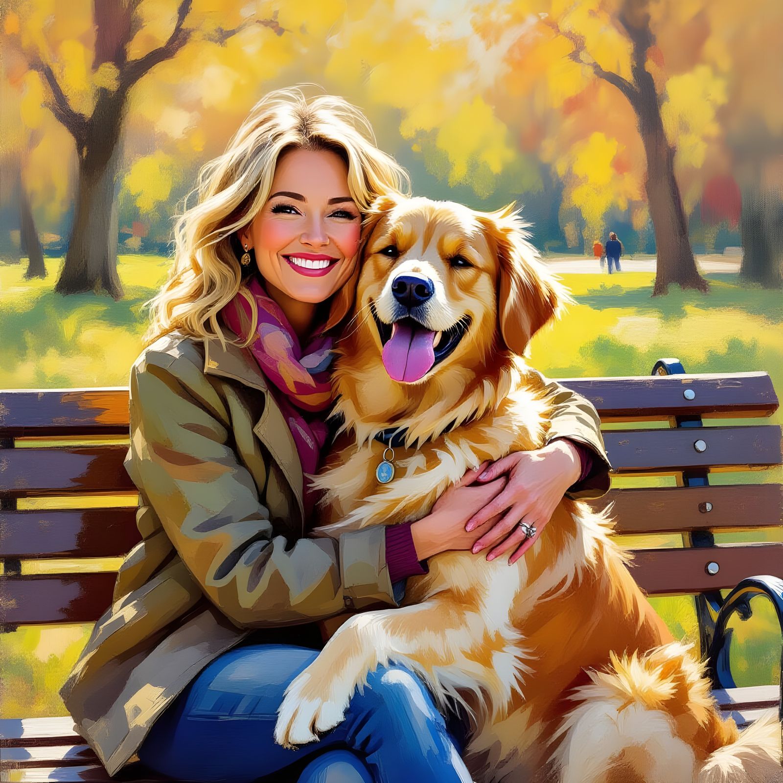 Golden Retriever Embraces Owner in Impressionistic Park Scen...