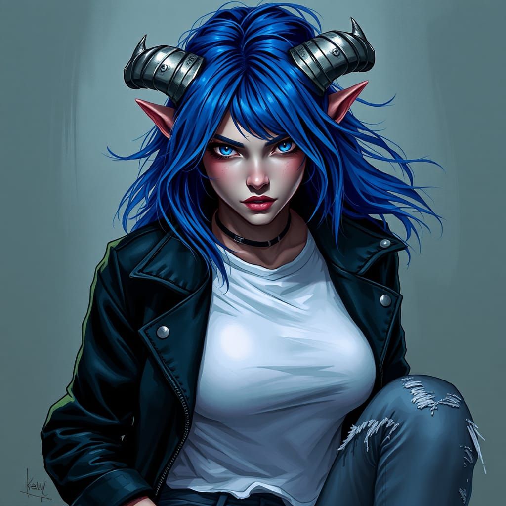 Tiefling Woman with Blue Hair in Digital Art Style