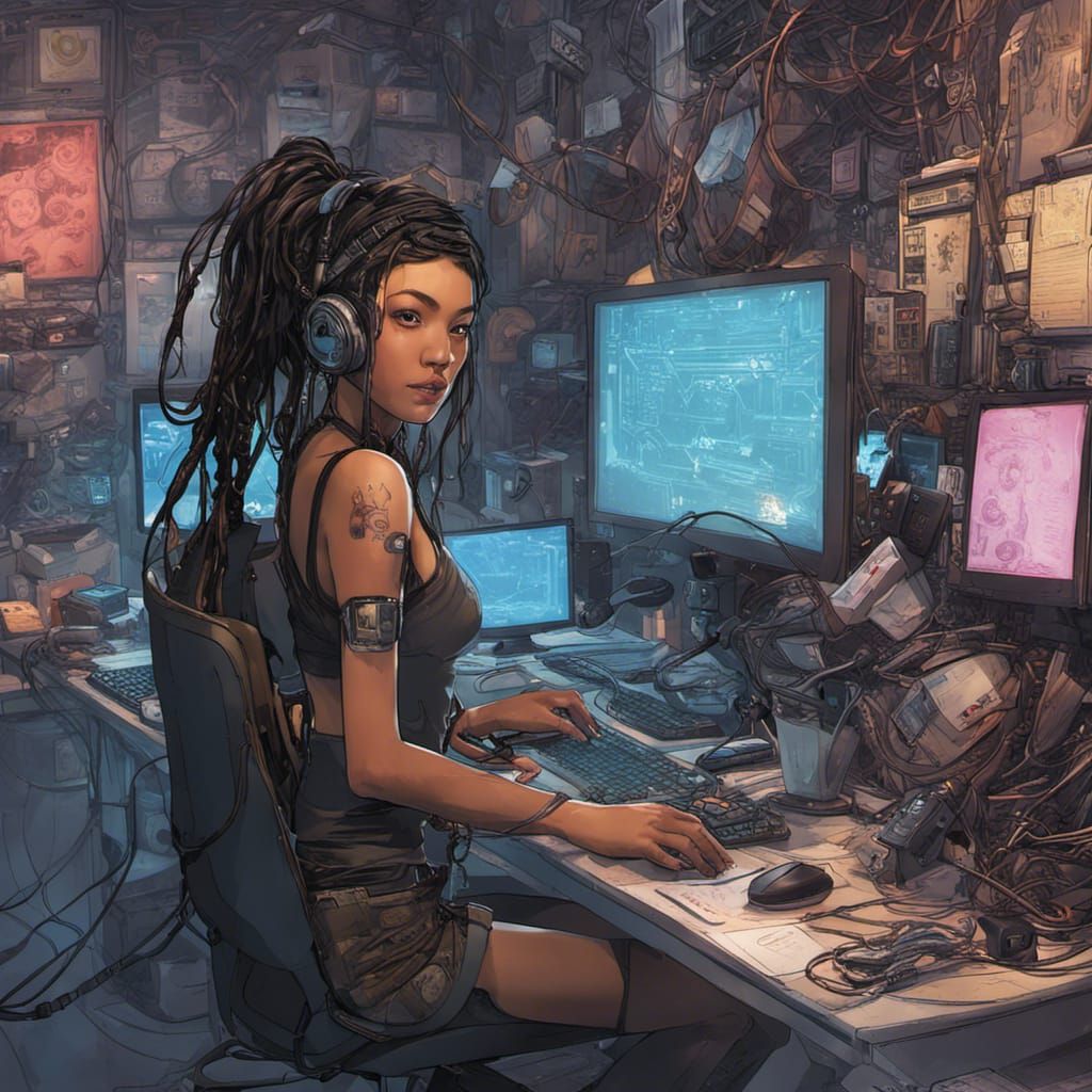 Cyberpunk Netrunner in a Cluttered Apartment