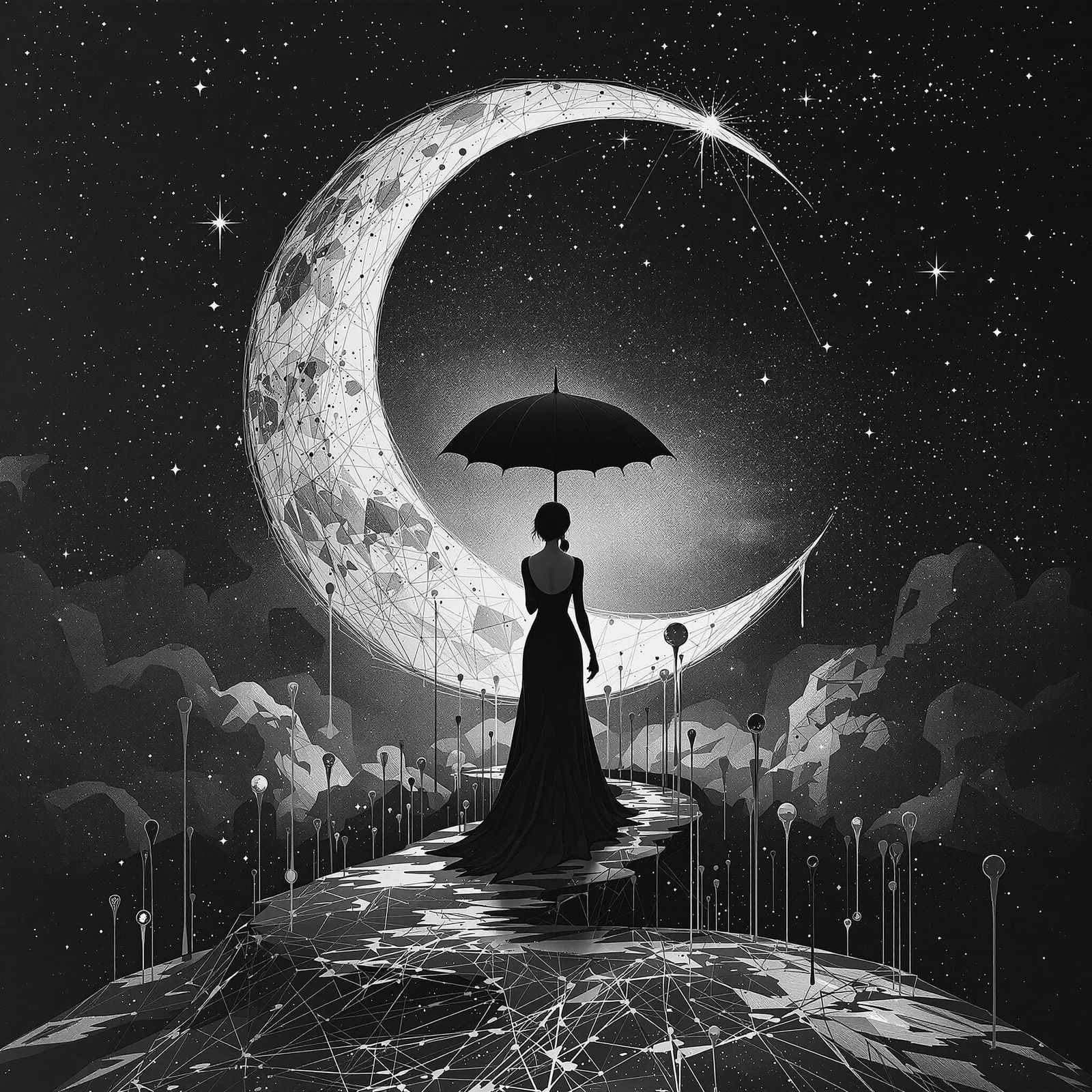 Woman with Umbrella Under Moon in Geometric Style