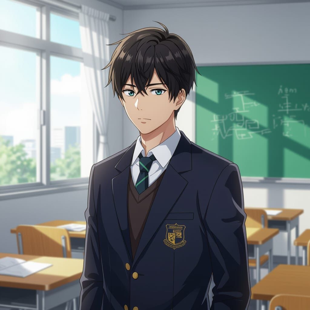 Anime-Style Young Man in Classroom Illustration