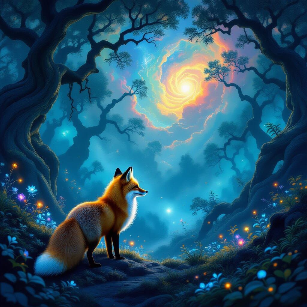 Golden Fox in Bioluminescent Fantasy Forest