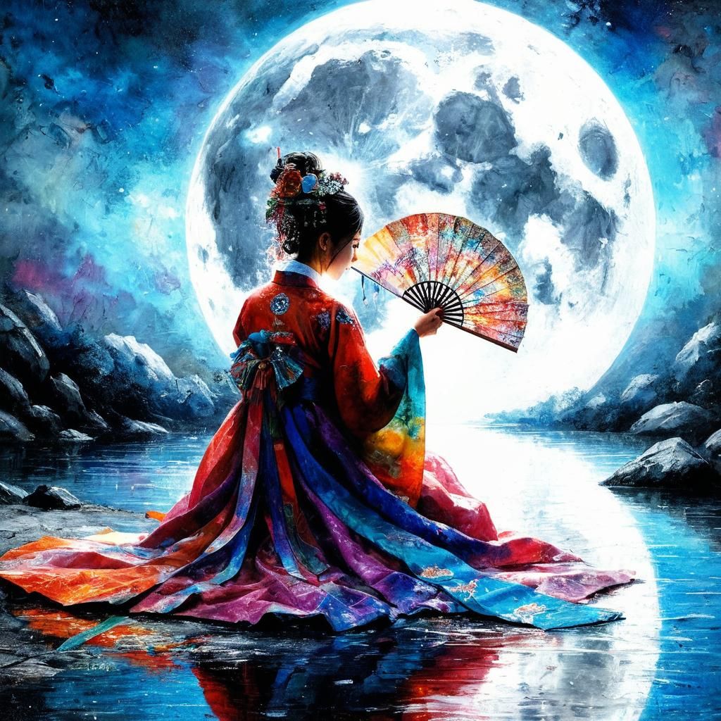 A Korean mudang (shaman) performing a full moon ritual