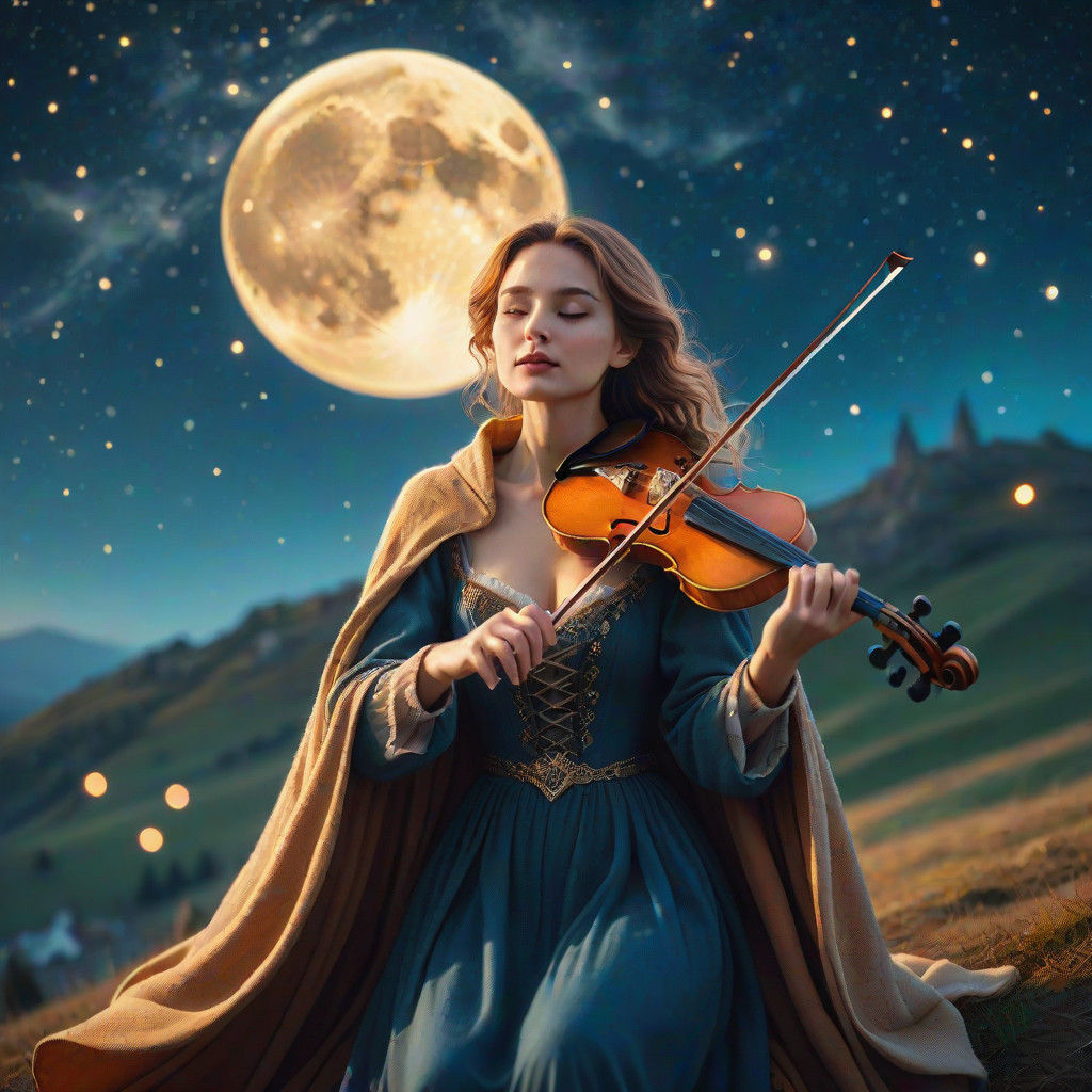 Mystical Woman Plays Violin Under a Celestial Night Sky