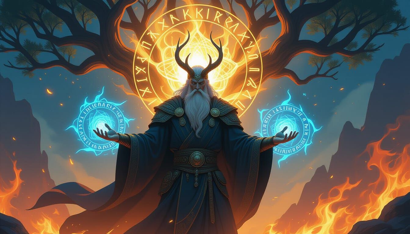 Odin Reborn in Light and Flame with Orbiting Runes