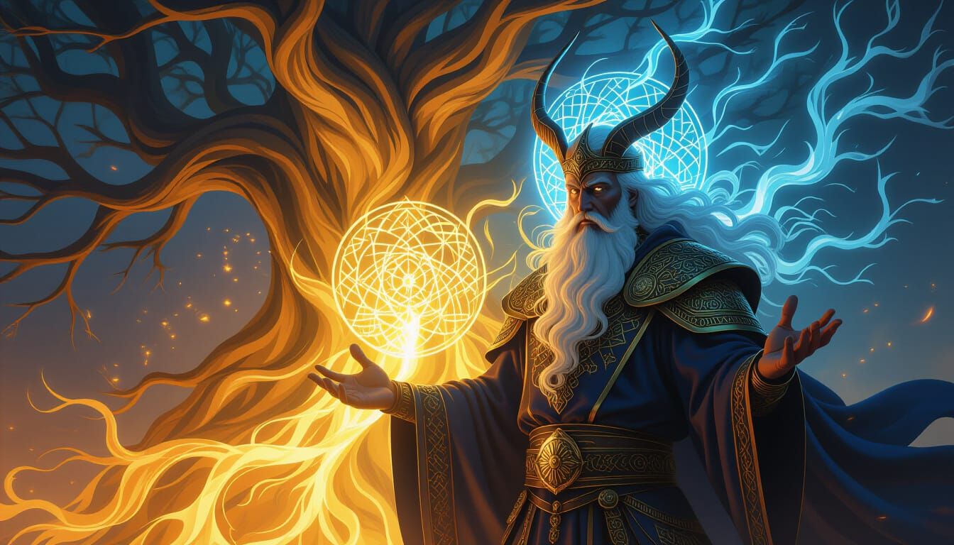 Norse God Odin Reborn in Mystical Light and Flame