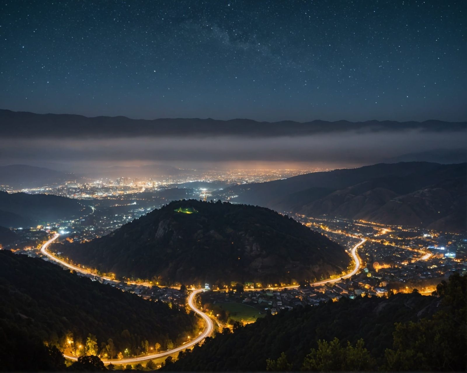 City in Valley Under Foggy Starry Night