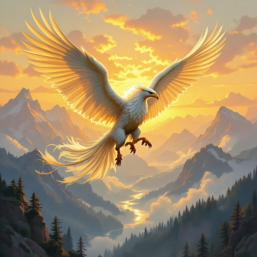 Griffin Soaring Above Misty Mountains at Sunrise